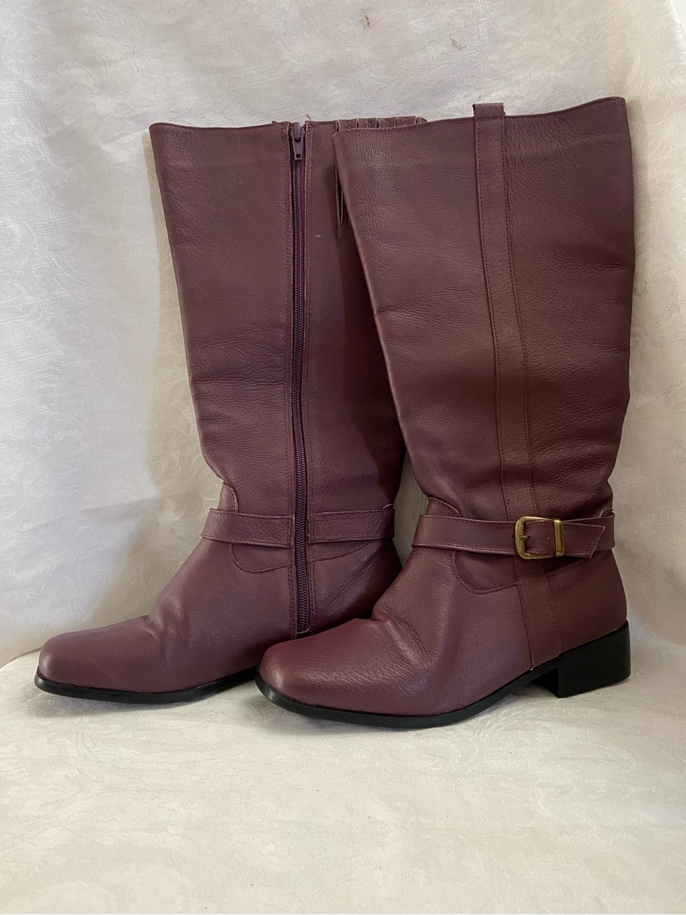 Women’s Burgundy Mid-Calf Leather Boots with Buckle 2” low block heel size 7